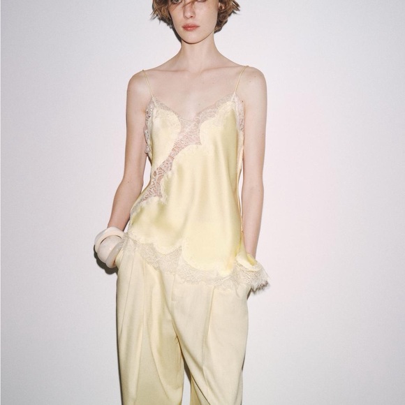 Zara Lace-Trim Satin Cami Top in Pale Butter Yellow - Picture 3 of 8